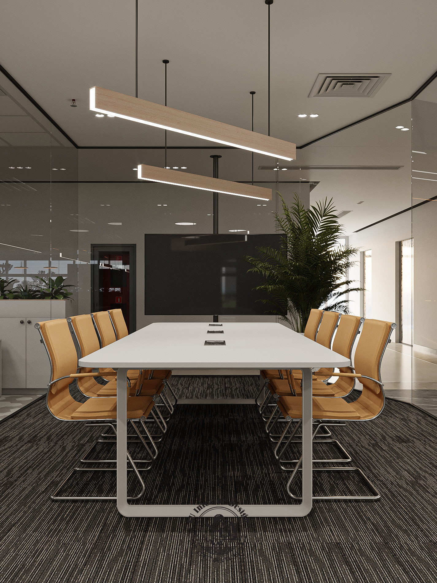 Màu sắc tươi sáng của đồ nội thất giúp không gian phòng họp trở nên hài hòa hơn | LU Design thực hiện.