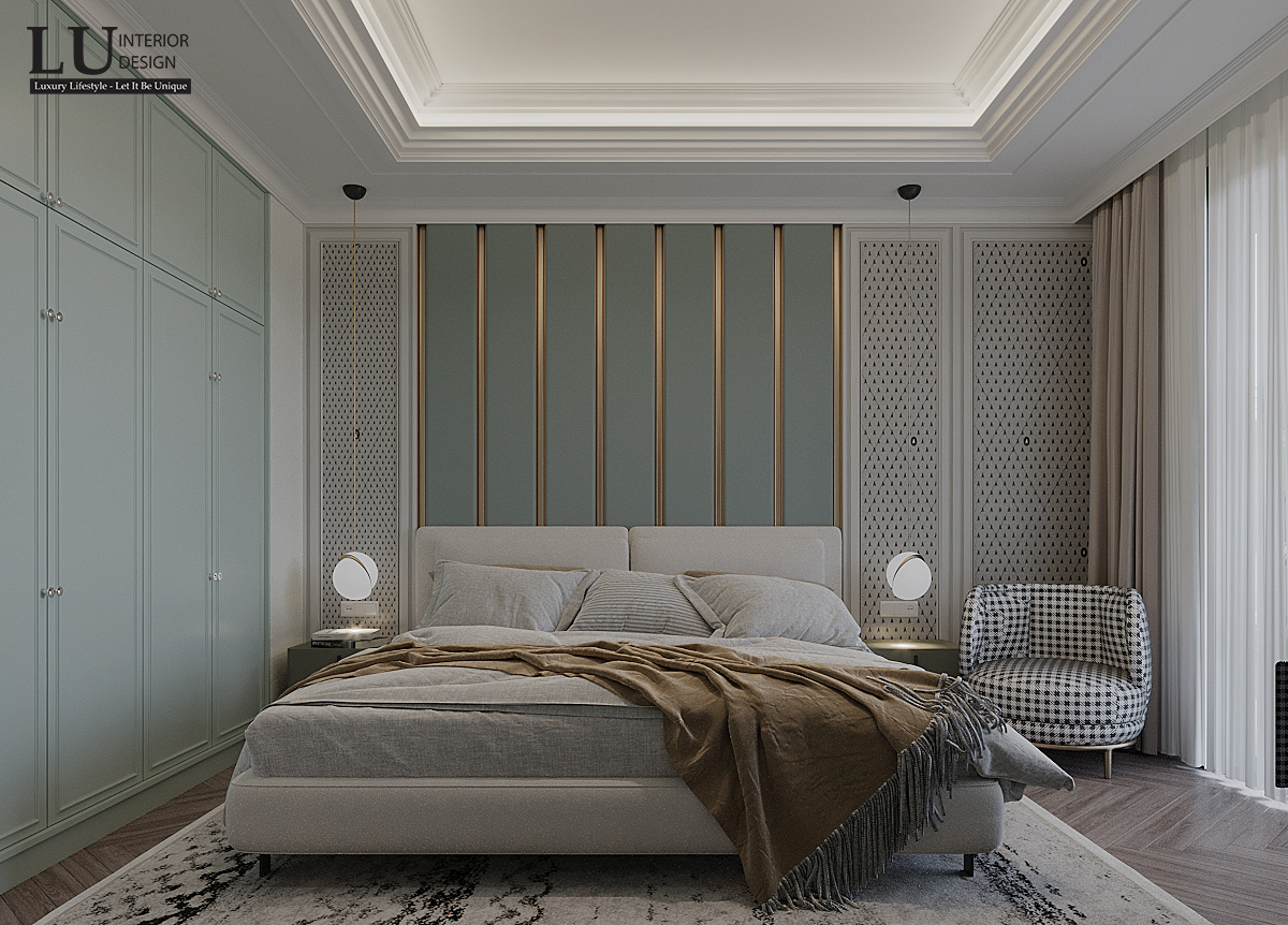 Sắc thái màu xanh tinh tế và phong cách với một chút hấp dẫn trưởng thành chính là lựa chọn hoàn hảo cho phòng ngủ chính. Ảnh: LU Design