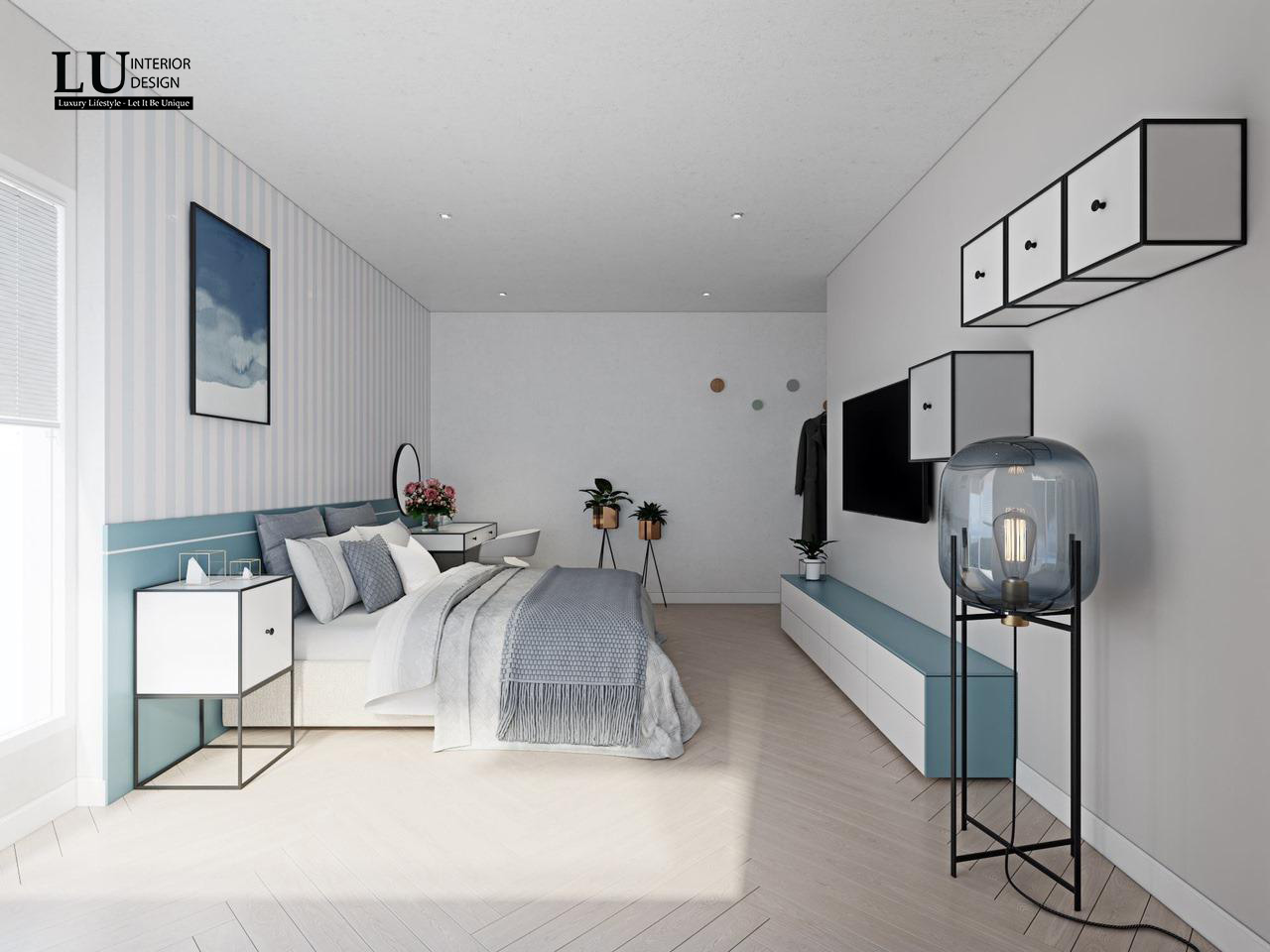 Nội thất phòng ngủ màu xanh lam hợp mệnh Thủy | LU Design thực hiện.