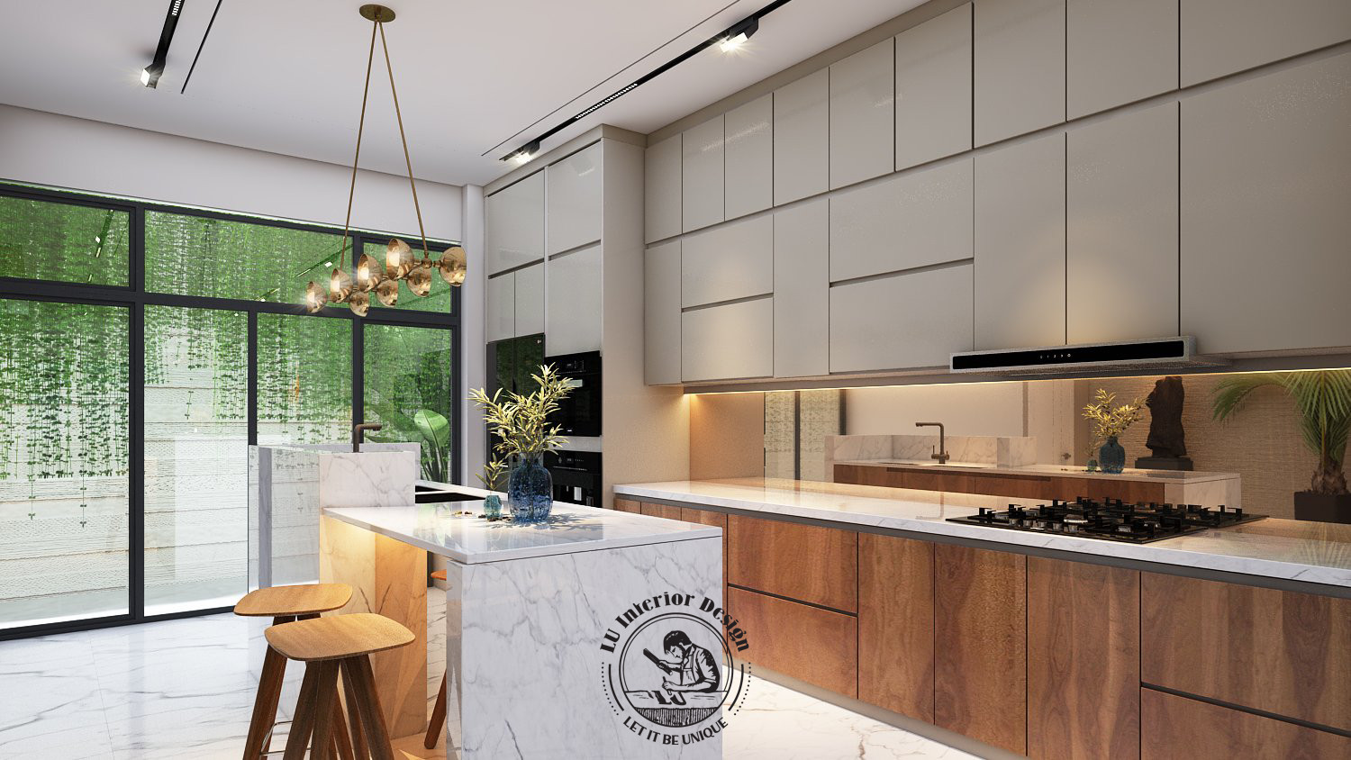 Kết hợp hài hòa giữa ánh sáng tự nhiên và ánh sáng nhân tạo giúp phòng bếp thông thoáng nhưng vẫn đảm bảo ấm cúng | LU Design thực hiện.