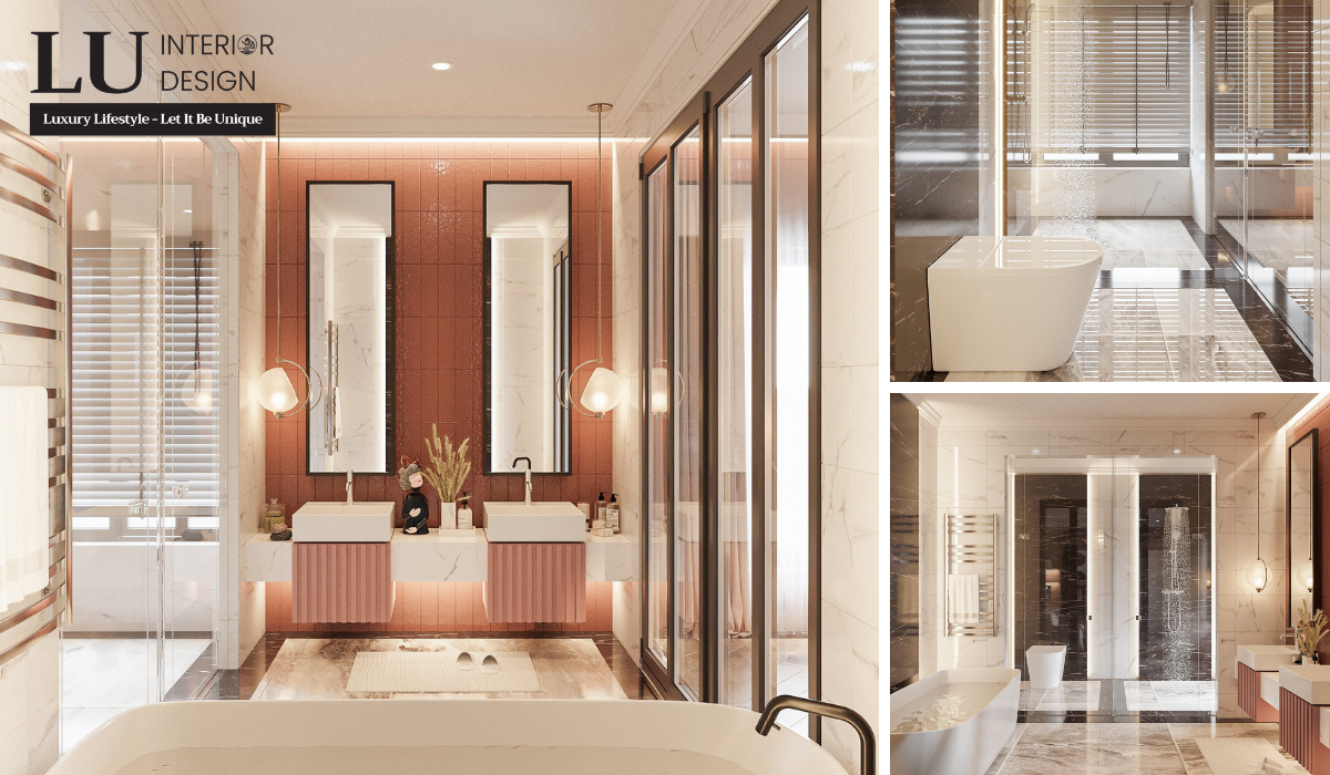 Thiết kế nội thất phòng vệ sinh cũng ngập tràn sắc hồng, tone-sur-tone với phòng ngủ | Dự án biệt thự Tân Phú - LU Design.