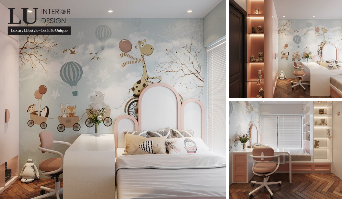 Phòng ngủ bé gái nhẹ nhàng cùng sắc hồng, bố trí nội thất hợp lý tạo được sự thoải mái cho bé | Dự án căn hộ Feliz En Vista - LU Design.