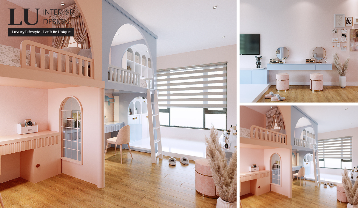 Mẫu thiết kế phòng ngủ đẹp cho bé với gam màu hồng & xanh pastel ngọt ngào, dễ thương | Dự án căn hộ cao cấp Estella Heights.