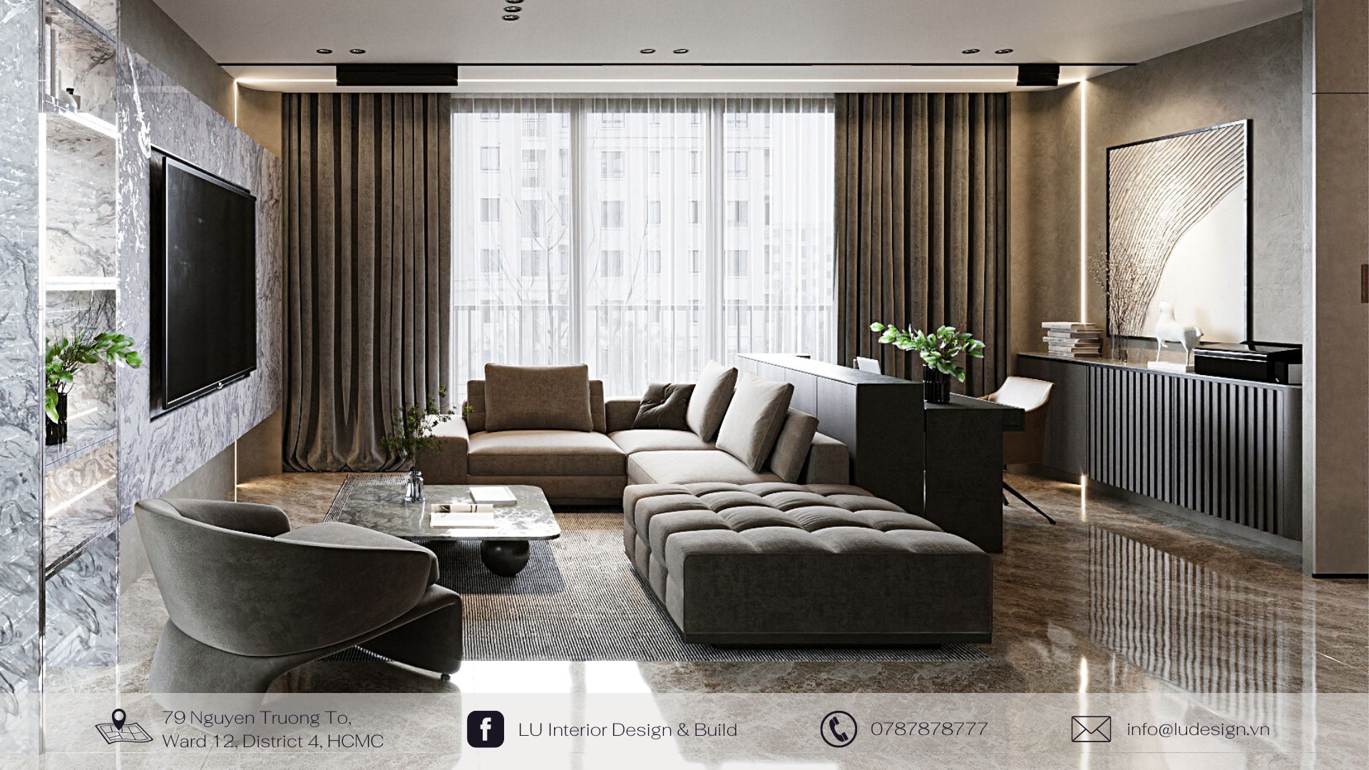 Tone màu trung tính trong nội thất phòng khách | Dự án căn hộ Marq - LU Design thực hiện.