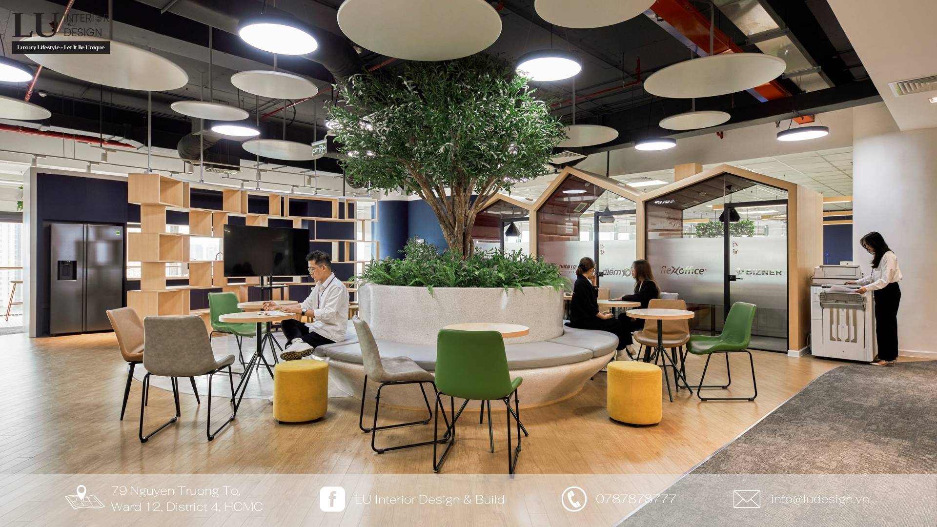 Nội thất văn phòng đồng bộ về thiết kế và màu sắc | Dự án văn phòng Thiên Long - LU Design thực hiện. 