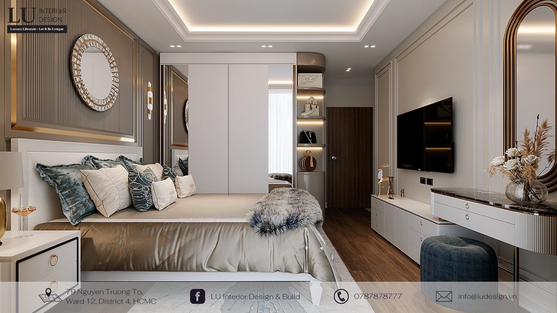 Sự kết hợp dịu dàng của hình học với phòng ngủ| Dự án căn hộ Saigon Royal - LU Design thực hiện. 