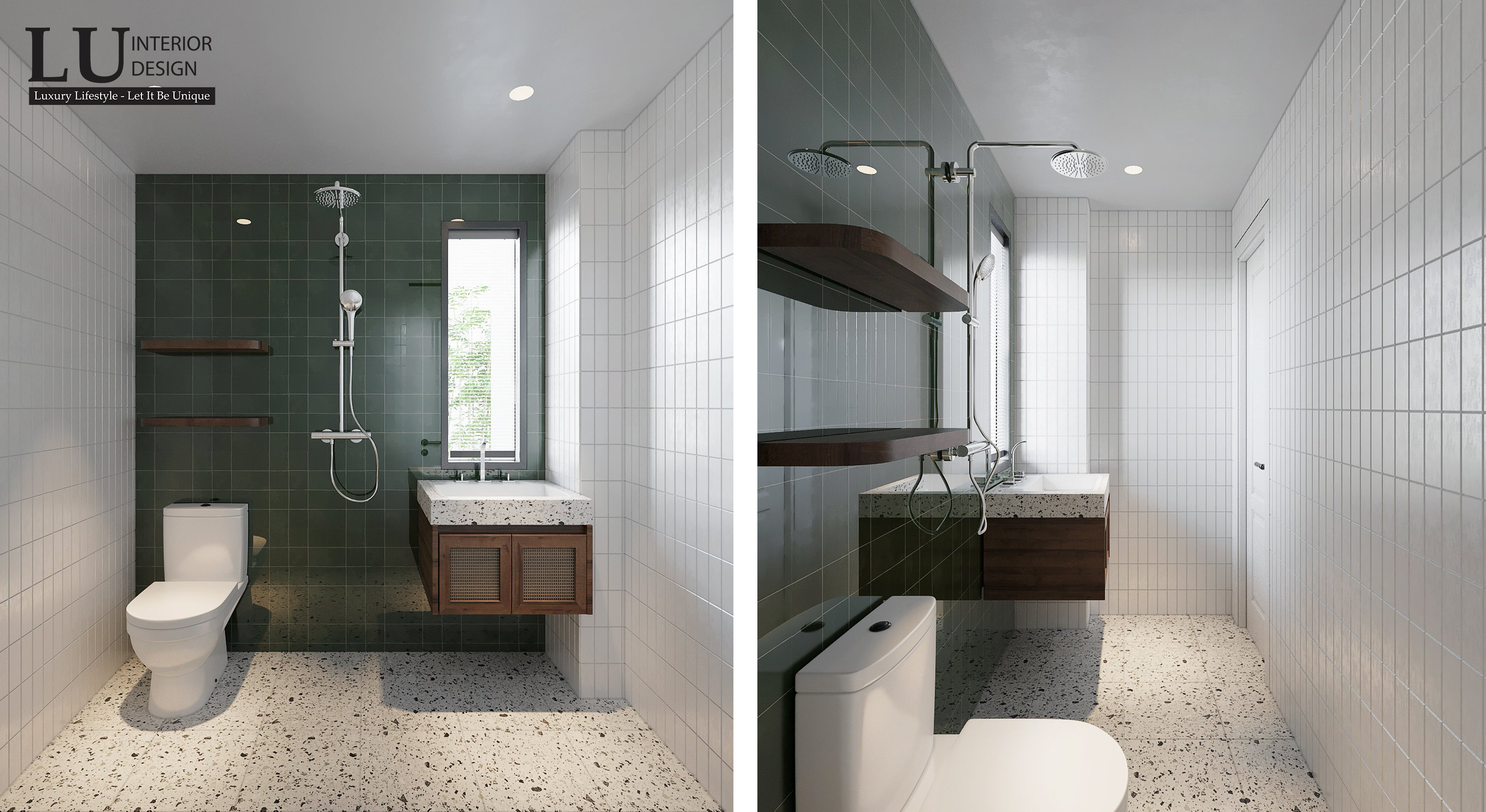 Phòng tắm nhỏ được thiết kế gọn gàng, gạch lát tường bằng gạch trắng mang lại cảm giác mát mẻ và dễ chịu. Ảnh: LU Design