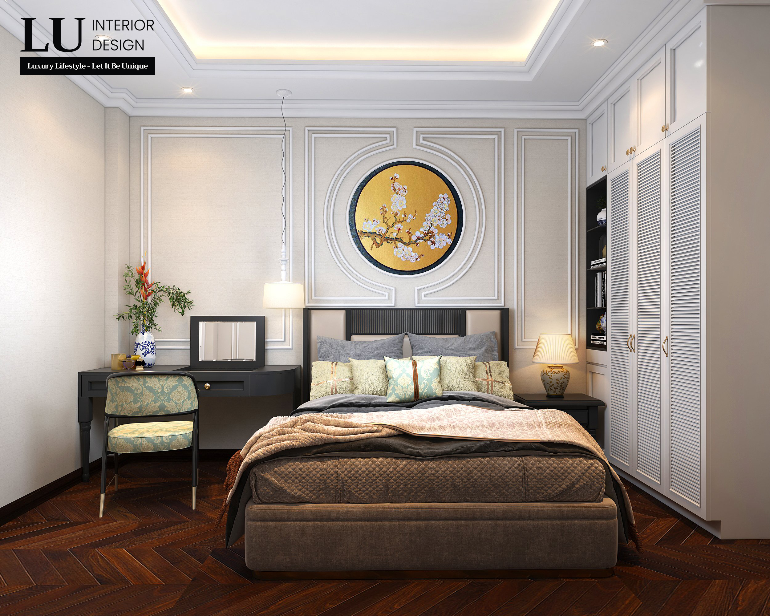 Các khung vòm hình tròn - nét đặc trưng của Indochine được ứng dụng trong các chi tiết trang trí nội thất cho phòng ngủ. Ảnh: LU Design