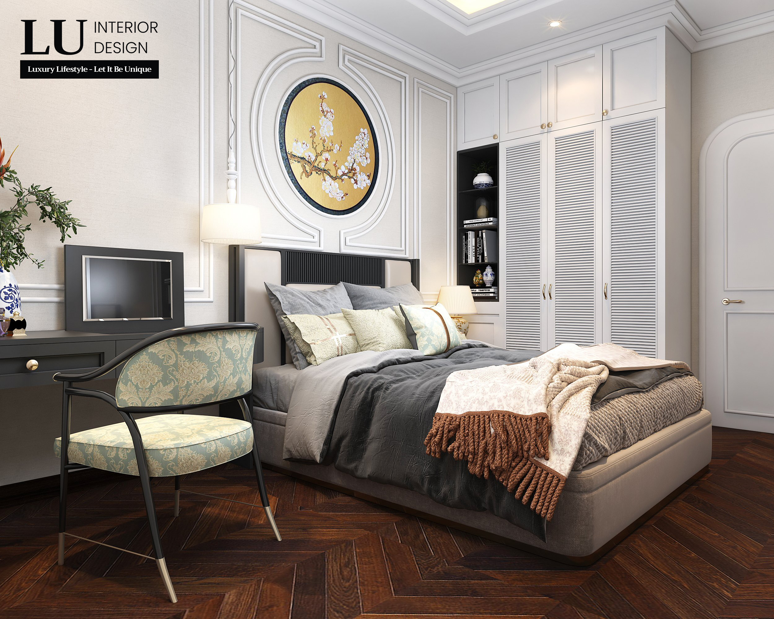 Không đơn điệu hay quá rườm rà, phong cách Đông Dương mang nét đẹp vừa đủ để mang đến một phòng ngủ tinh tế sang trọng và đầy đủ tiện nghi. Ảnh: LU Design