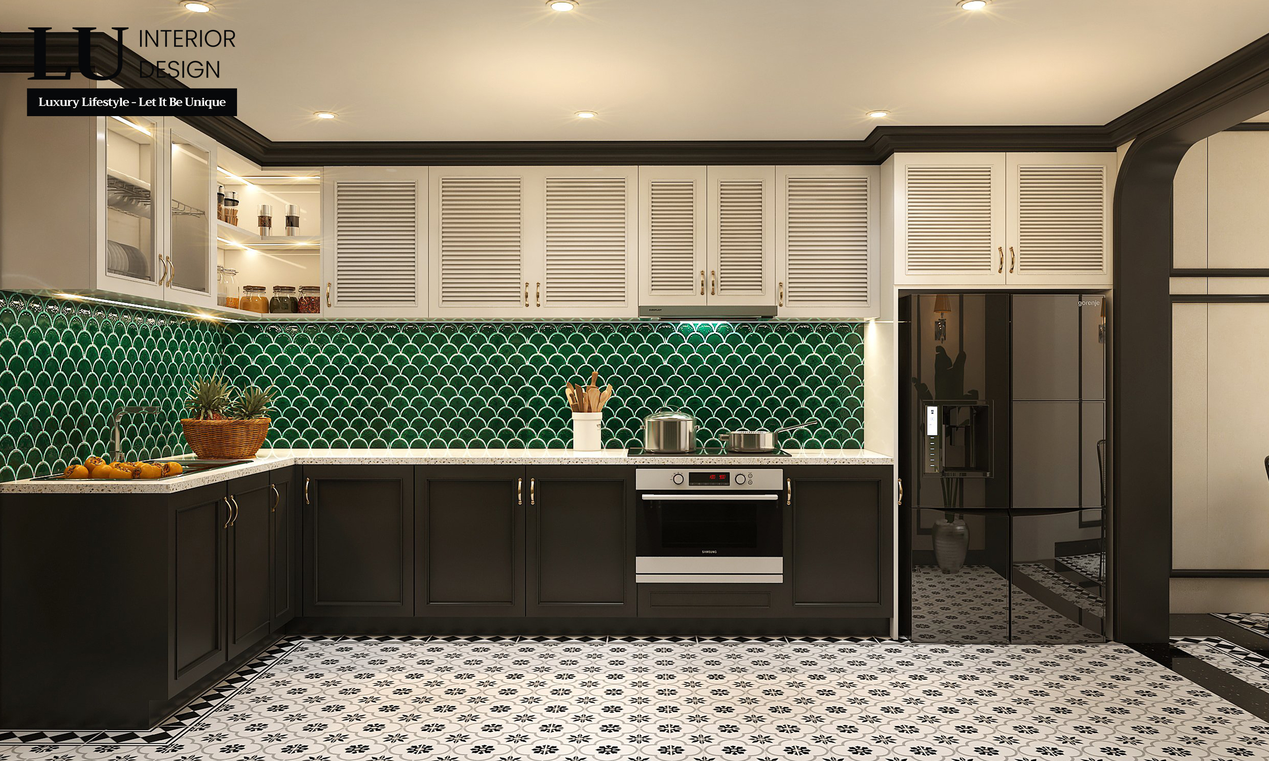 Phòng bếp nổi bật với phần gạch lát tường họa tiết vảy cá xanh mát, đồng bộ với không gian chung. Ảnh: LU Design