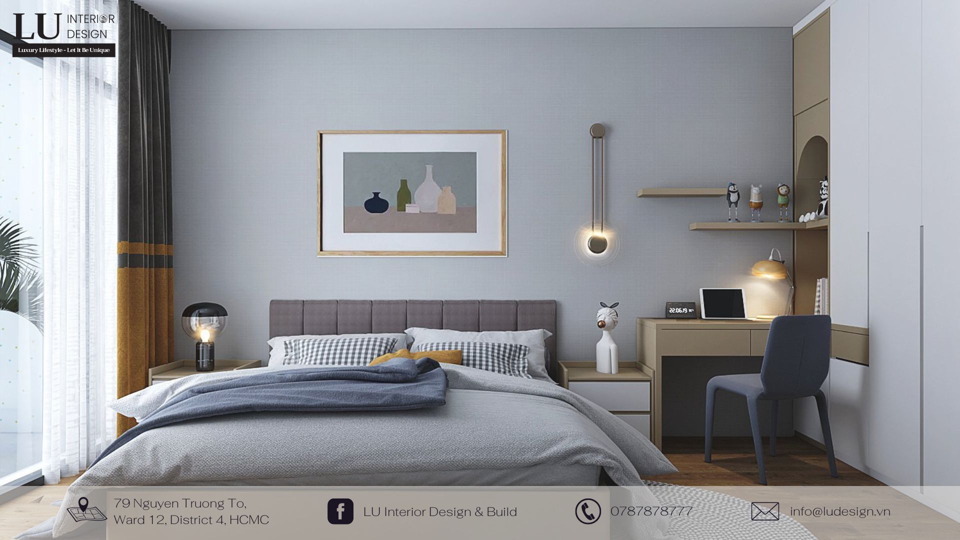Nội thất phòng ngủ thiết kế cùng tone màu lạnh mang đến cảm giác dịu dàng, dễ chịu | Dự án căn hộ Petro Landmark - LU Design thực hiện.
