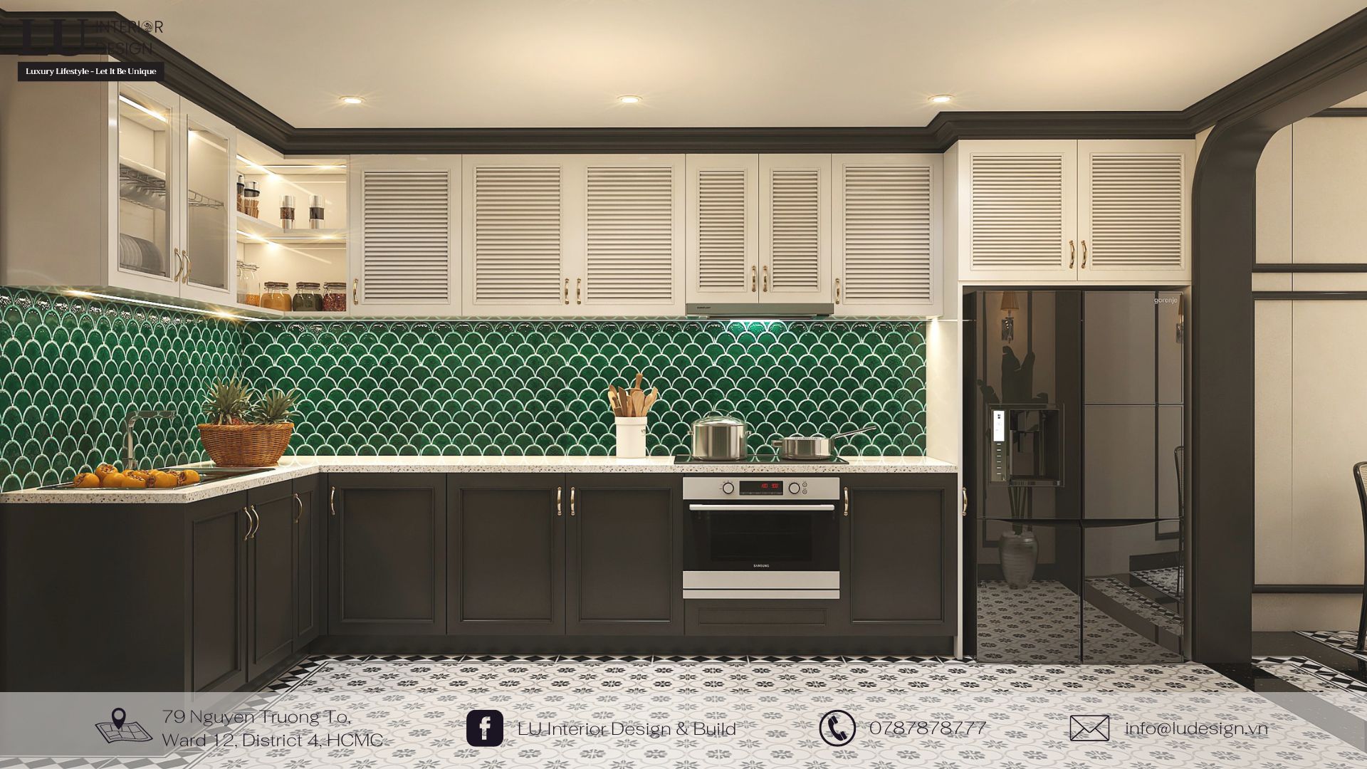 Sử dụng màu xanh của lá làm điểm nhấn cho không gian bếp | Dự án nhà phố quận 10 - LU Design thực hiện. 