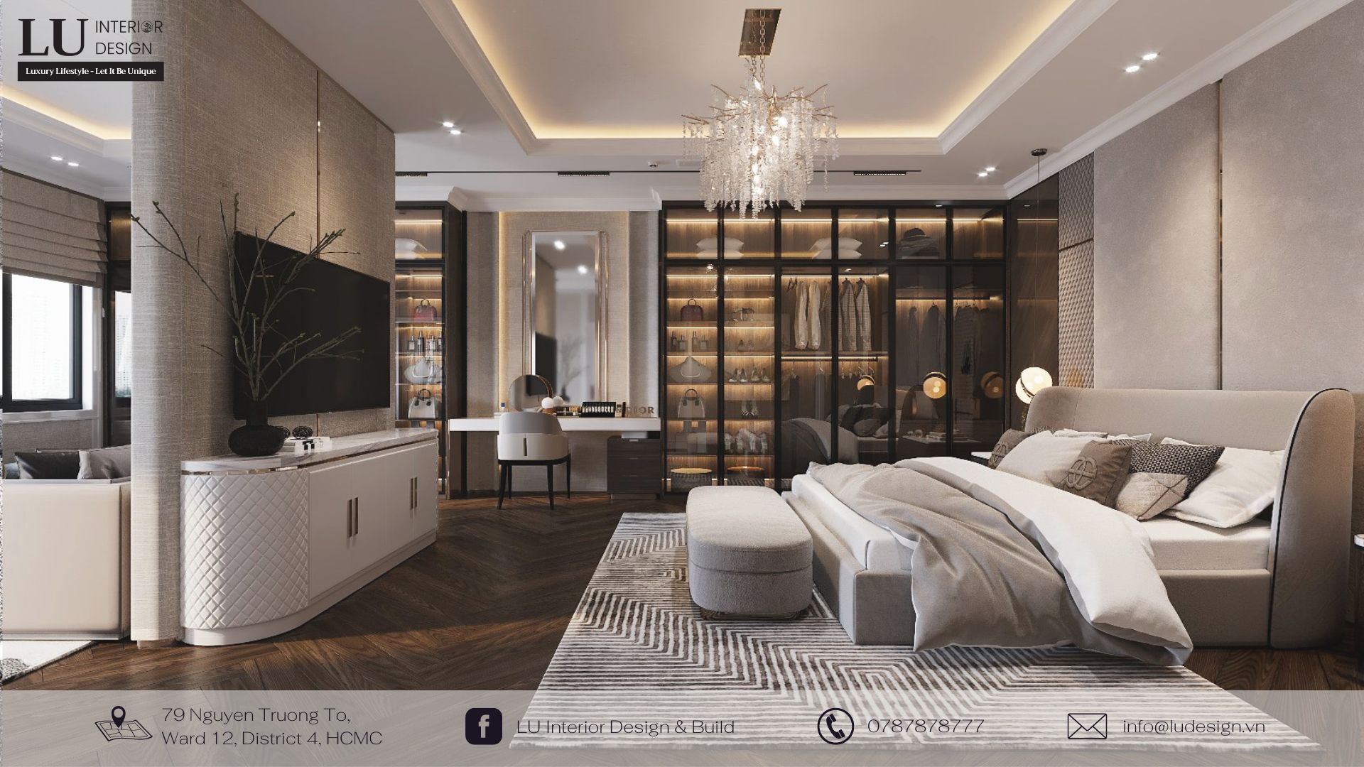Phòng ngủ master được thiết kế và sắp xếp đầy đủ nội thất cần có, tạo sự thuận tiện cho gia chủ | Dự án biệt thự Tân Phú - LU Design thực hiện.