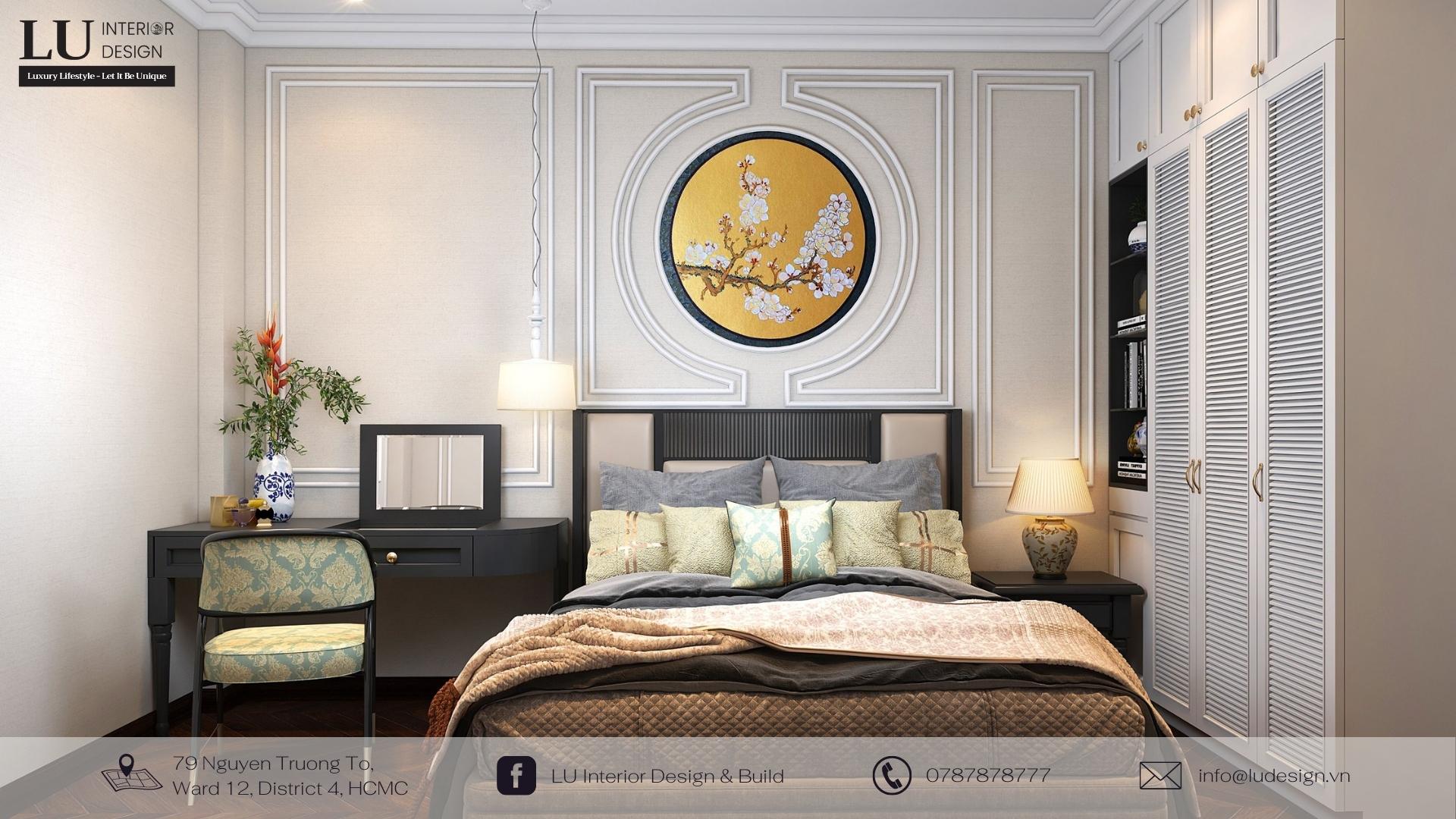 Sử dụng họa tiết Đông Sơn trong thiết kế nội thất phòng ngủ Indochine | Dự án nhà phố Quận 10 - LU Design.