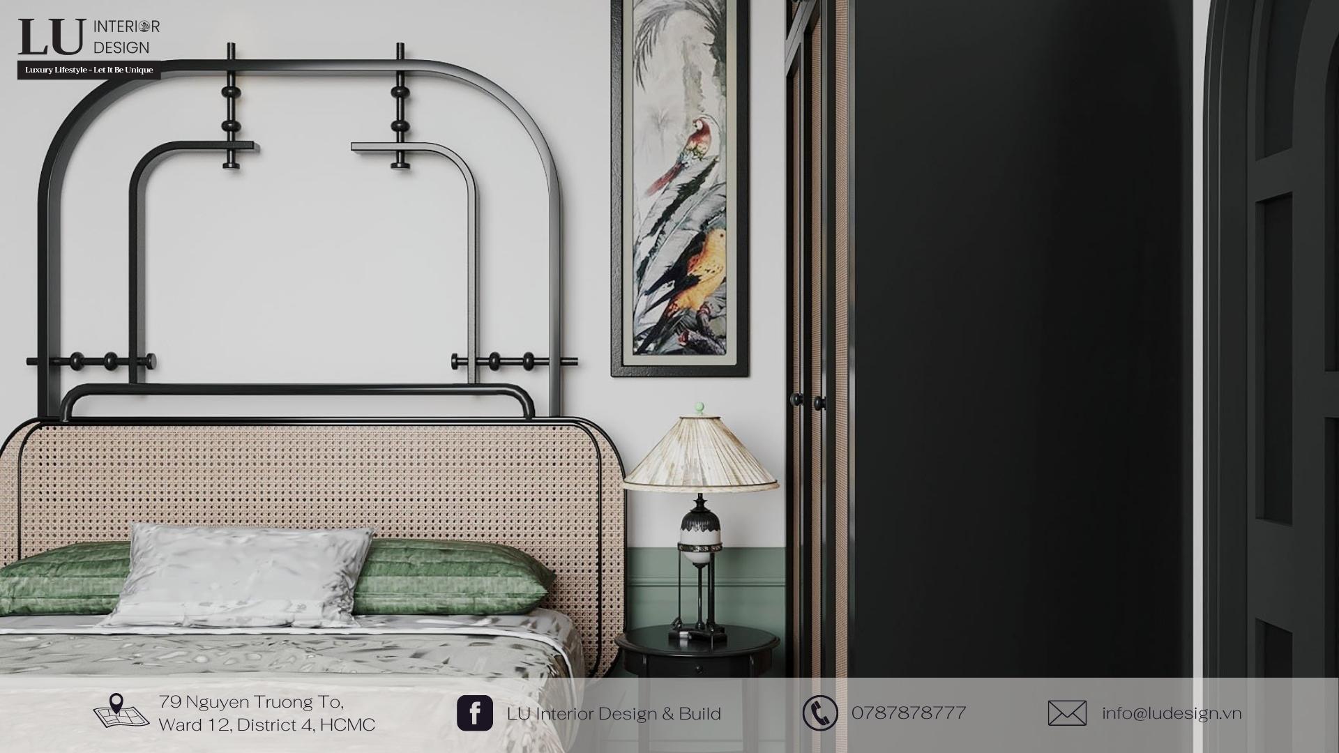 Phòng ngủ phong cách Indochine với gam nhiệt đới (trắng, xanh, đen) | Dự án nhà phố Quận 10 - LU Design.