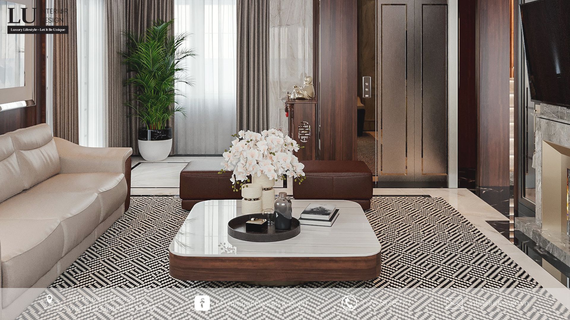 Gỗ, da và đá là vật liệu chính được sử dụng cho trang trí nội thất phòng khách | Dự án biệt thự quận 9 - LU Design thực hiện. 