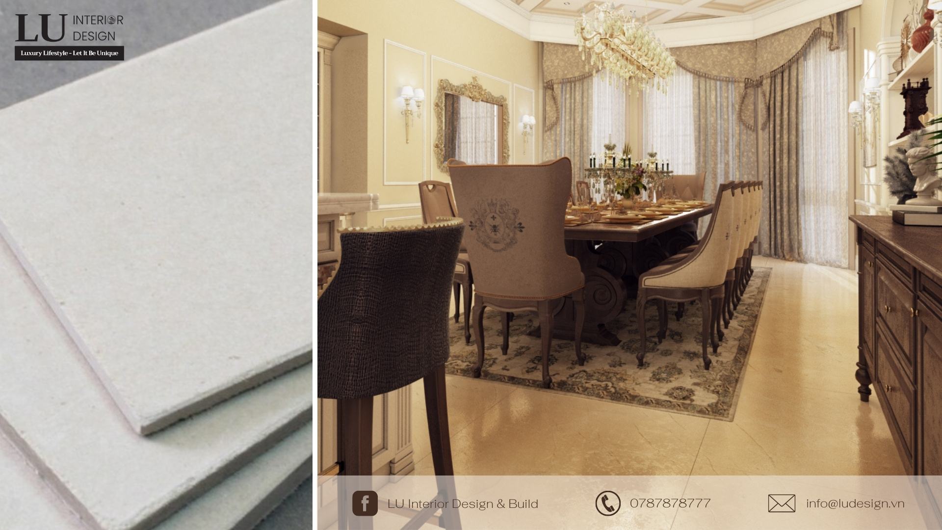 Sử dụng vật liệu thạch cao - “chiều lòng” các đường nét trong thiết kế nội thất phòng ăn cổ điển | Dự án Villa Chateau Phú Mỹ Hưng - LU Design thực hiện.