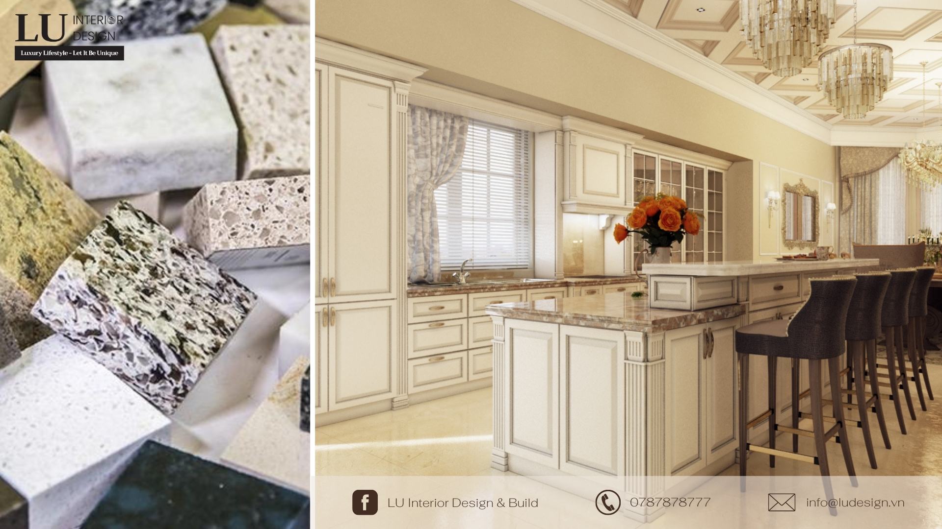Sử dụng vật liệu đá tự nhiên làm tăng thêm vẻ đẹp cho không gian bếp biệt thự cổ điển | Dự án Villa Chateau Phú Mỹ Hưng - LU Design thực hiện.
