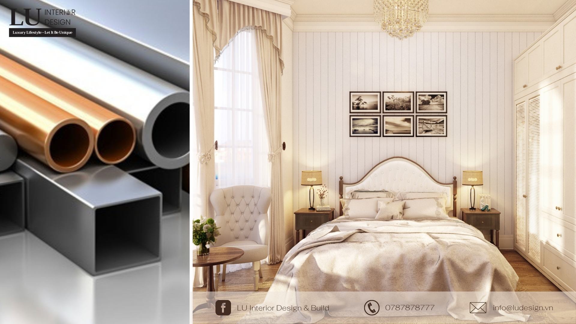 Tăng sự “quý phái” cho không gian phòng ngủ bằng việc sử dụng nội thất mạ kim loại - vàng | Dự án Villa Chateau Phú Mỹ Hưng - LU Design thực hiện.