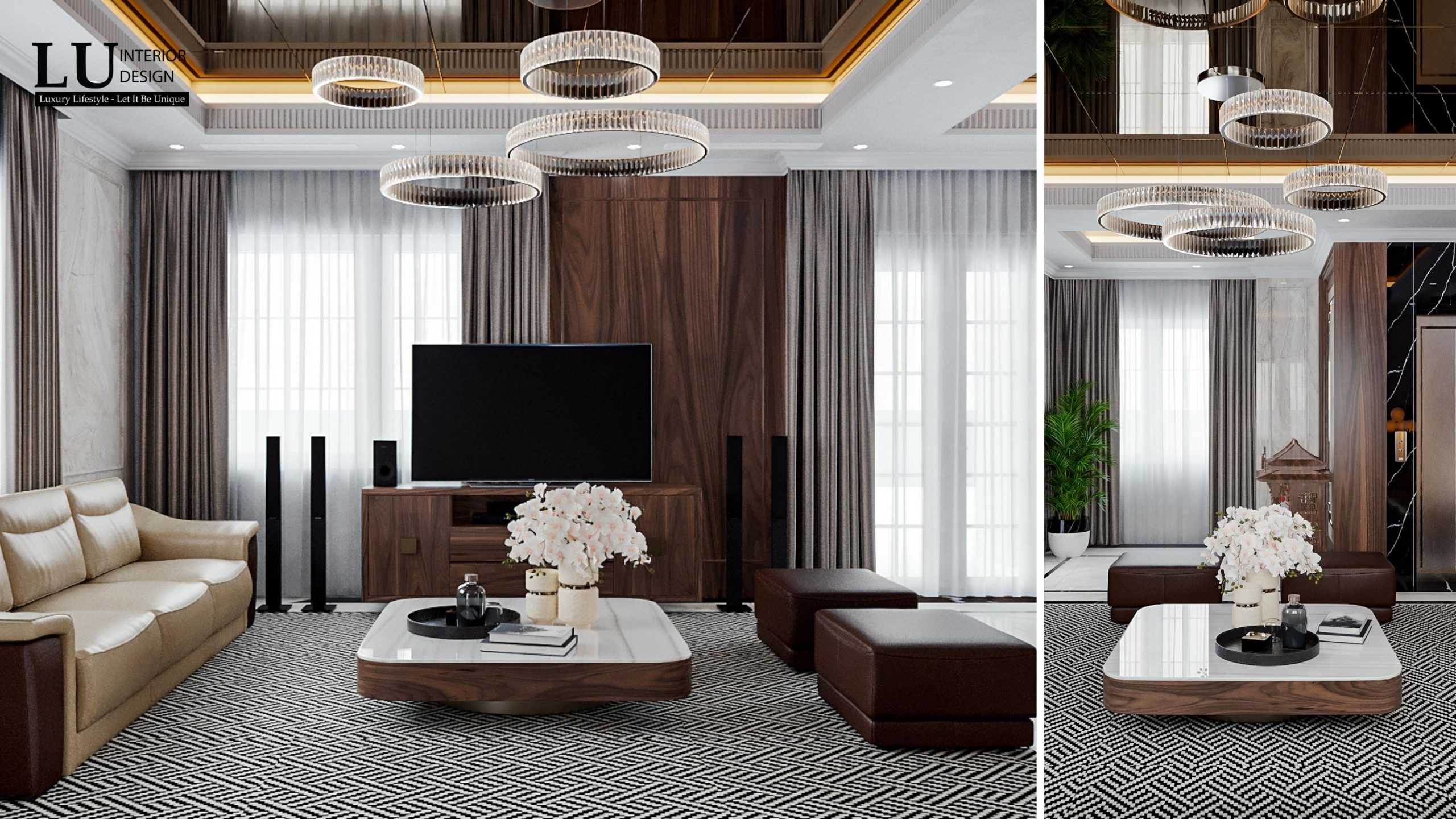 Sử dụng những đường nét tròn tạo sự mềm mại, hài hòa cho gian phòng khách | Dự án Villa Quận 9 - LU Design thực hiện.