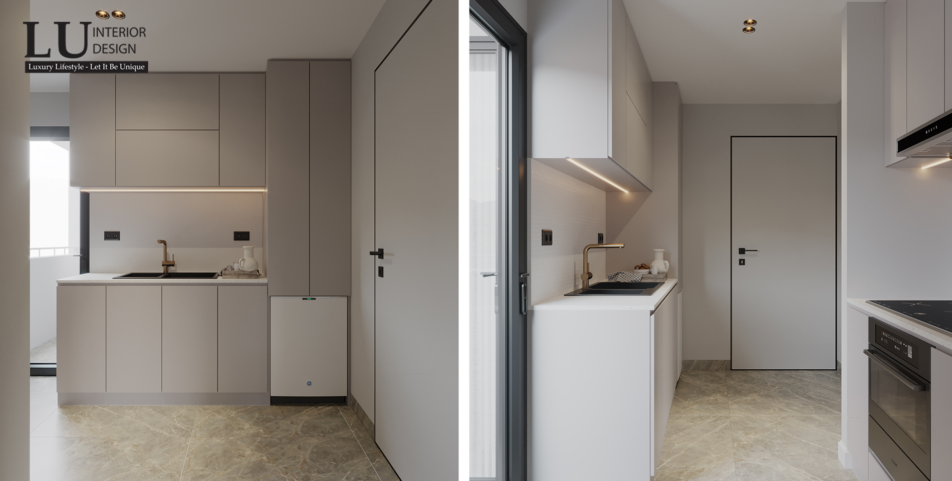 Về cách bố trí, KTS đã đặt bếp nấu gần với khu vực ban công và ngăn cách với không gian sinh hoạt bằng 1 cánh cửa để hạn chế mùi, giúp không khí lưu thông tốt. Ảnh: Căn hộ Thảo Điền - LU Design