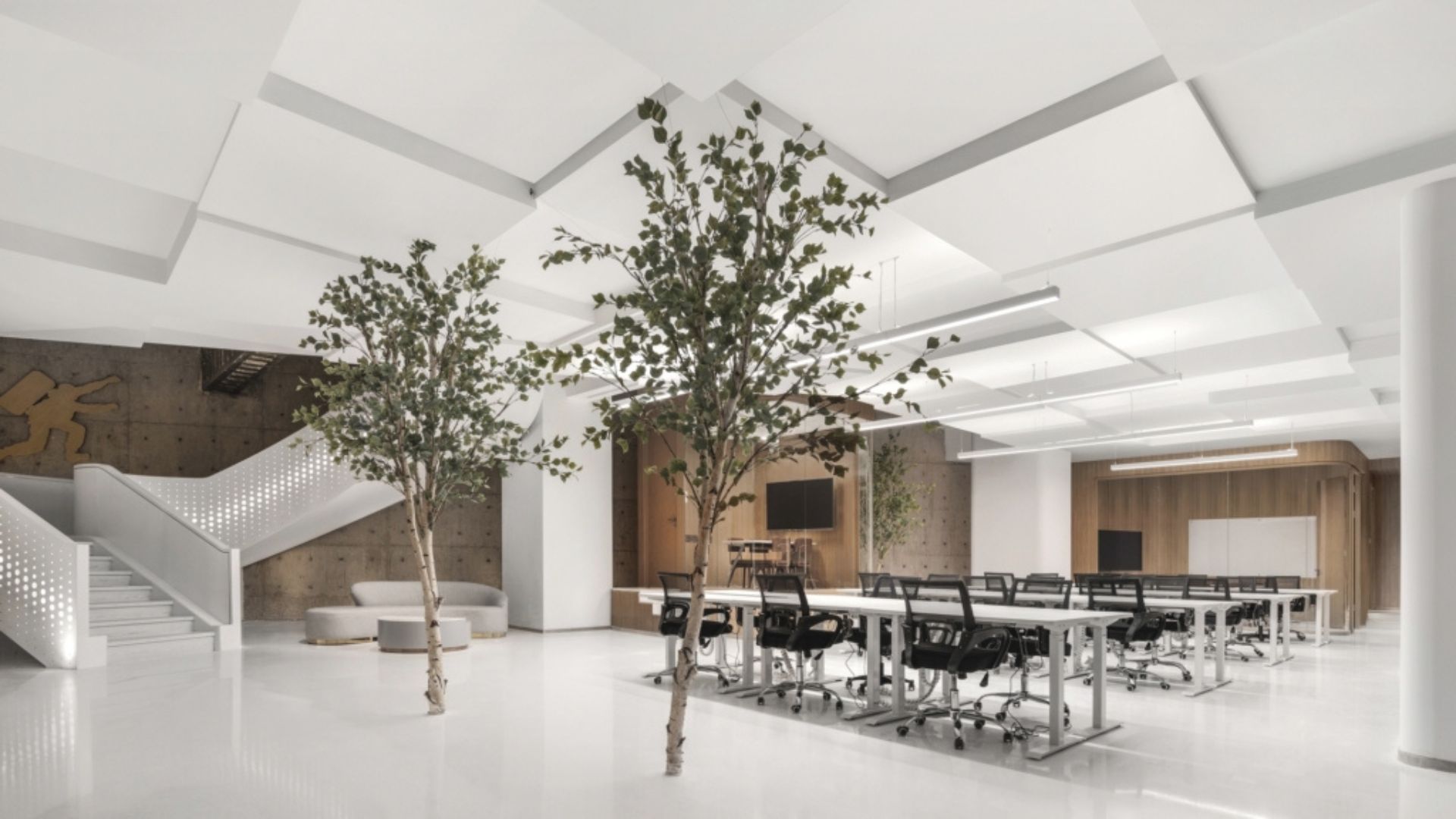 Không gian làm việc mở với nội thất màu trắng tạo ra nhiều ý tưởng mới lạ và độc đáo | Dự án văn phòng Công ty Fintech tại Bắc Kinh - Nguồn: Office snapshots. 