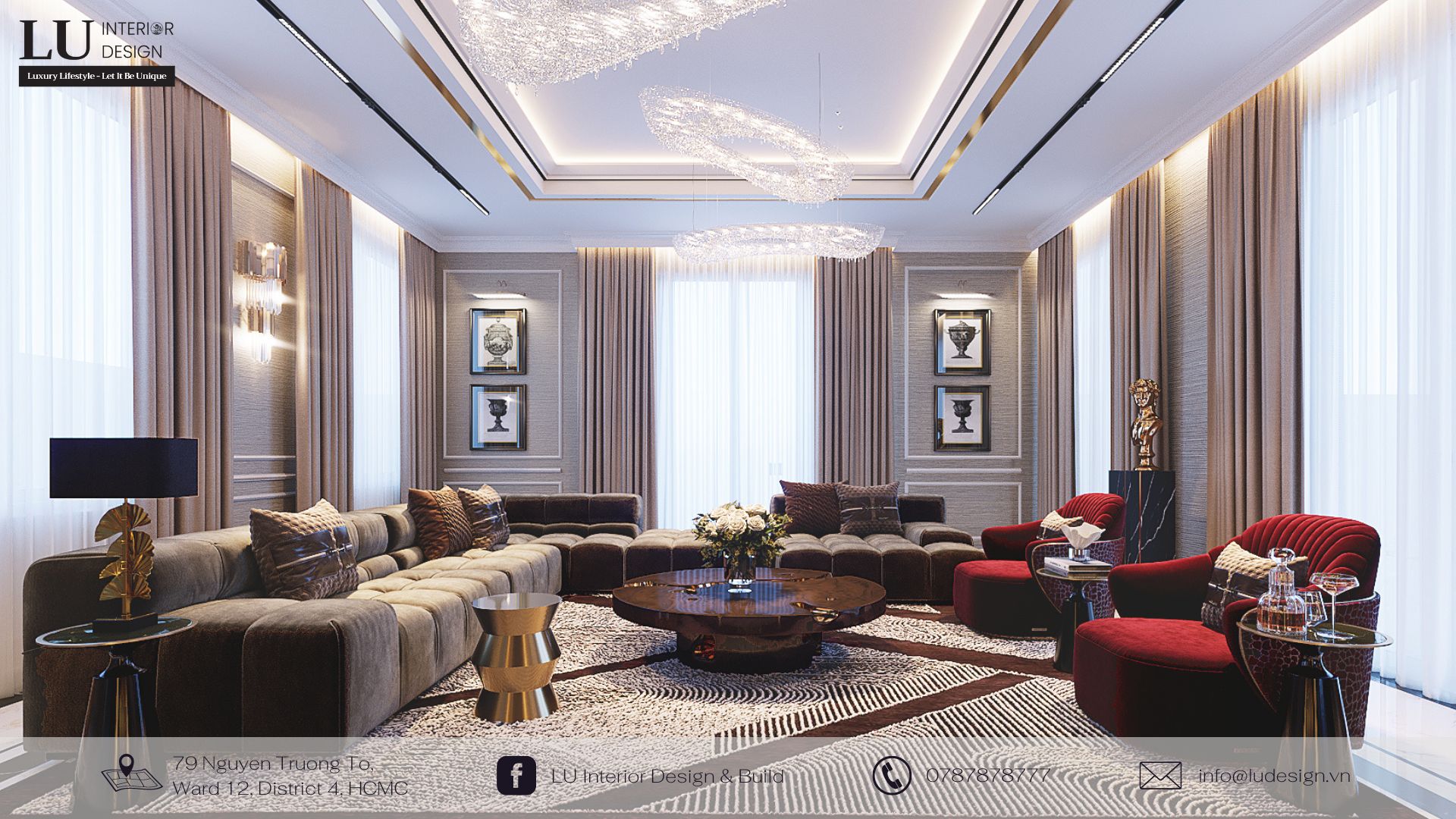 Phòng khách theo phong cách Modern Classic với chiếc ghế màu đỏ làm điểm nhấn | Dự án biệt thự Sala quận 2 - LU Design thực hiện.