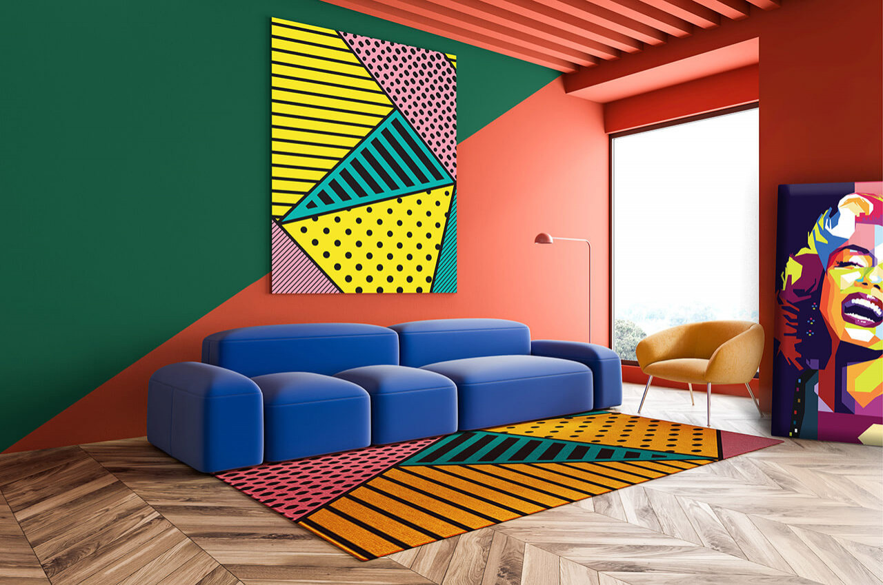 Phòng khách với gam màu tươi mới và độ tương phản cao thể hiện đúng tinh thần của phong cách Pop Art | Nguồn: Internet.
