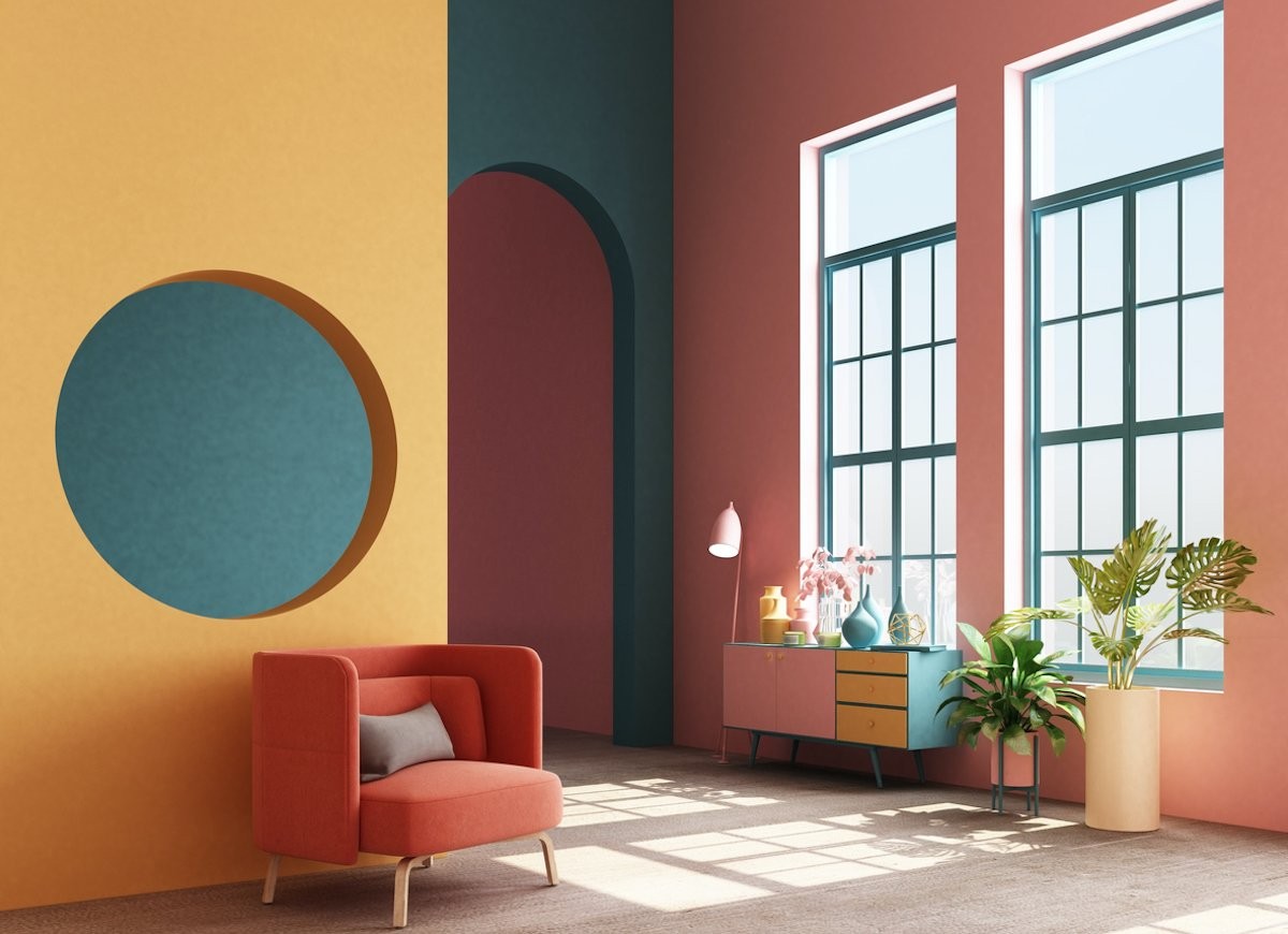 Ứng dụng phối màu tương trong thiết kế nội thất phòng khách  đỏ-  cam - hồng - xanh | Nguồn ảnh: Internet.