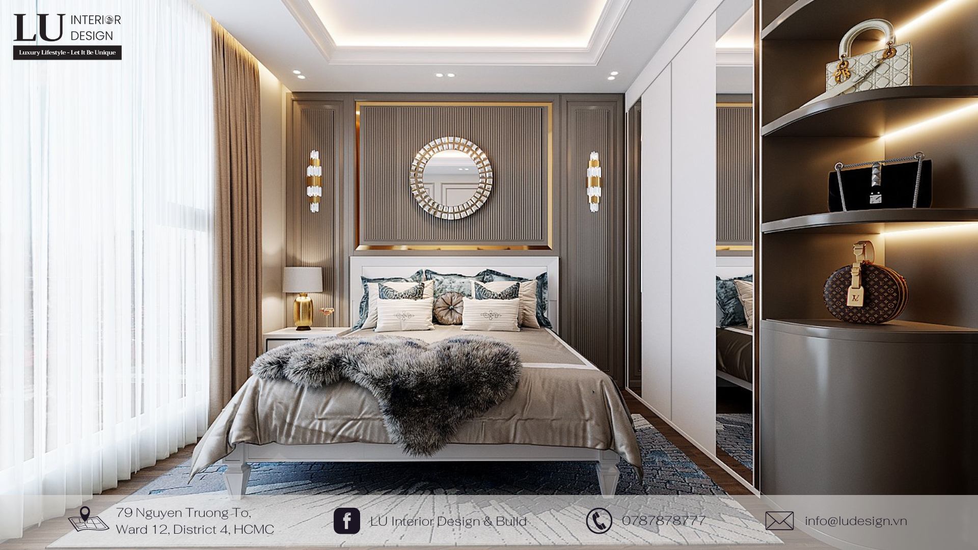 Sử dụng gương và đèn trang trí ánh vàng giúp mang lại vẻ đẹp sáng trọng cho không gian phòng ngủ | Nguồn ảnh: Dự án căn hộ Saigon Royal - LU Design.