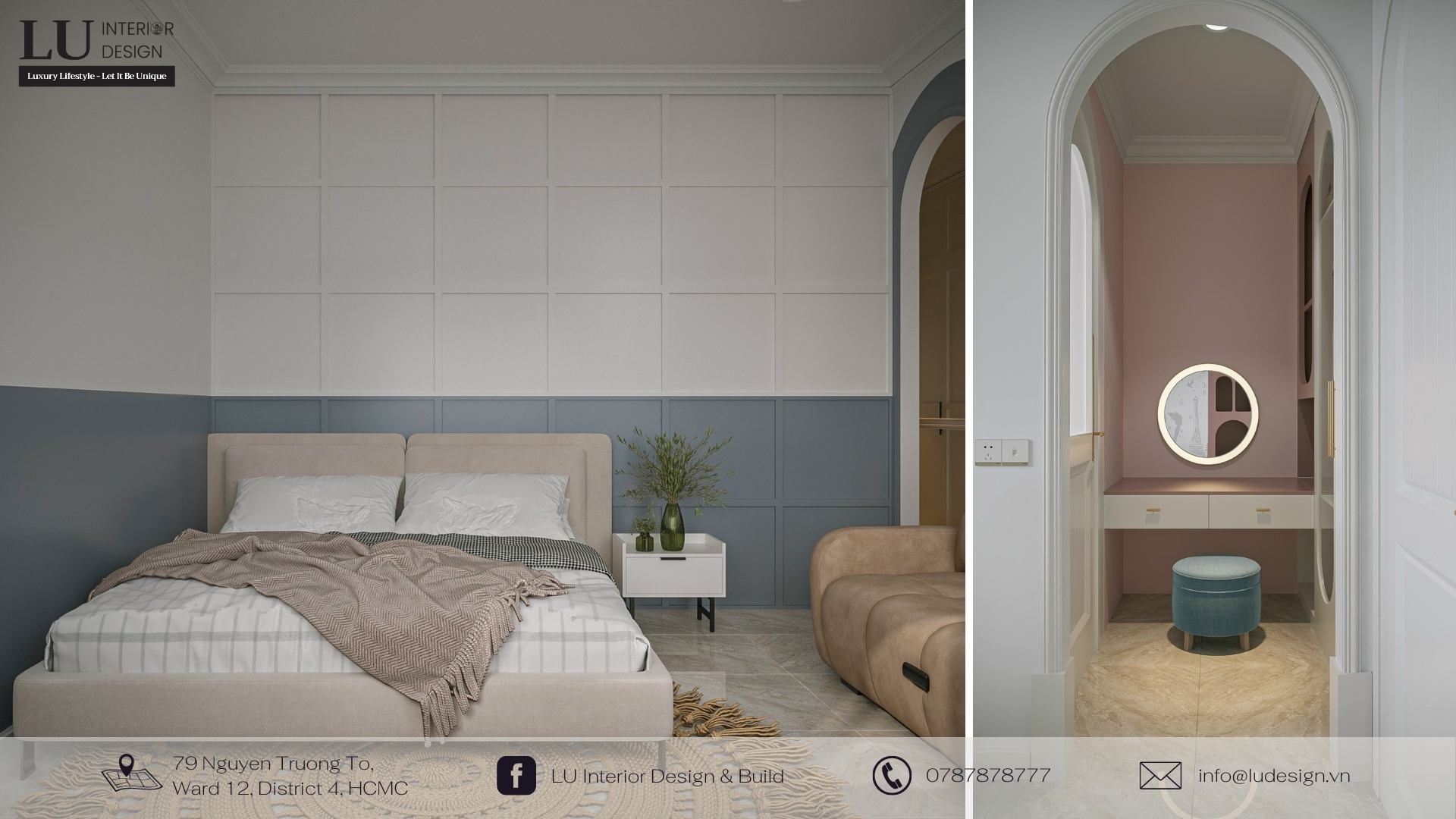 Phòng ngủ phong cách Địa Trung Hải với gam màu trắng - xanh - nâu mang đậm hương vị của biển | Dự án Nhà phố Lavila Nhà Bè - LU Design.