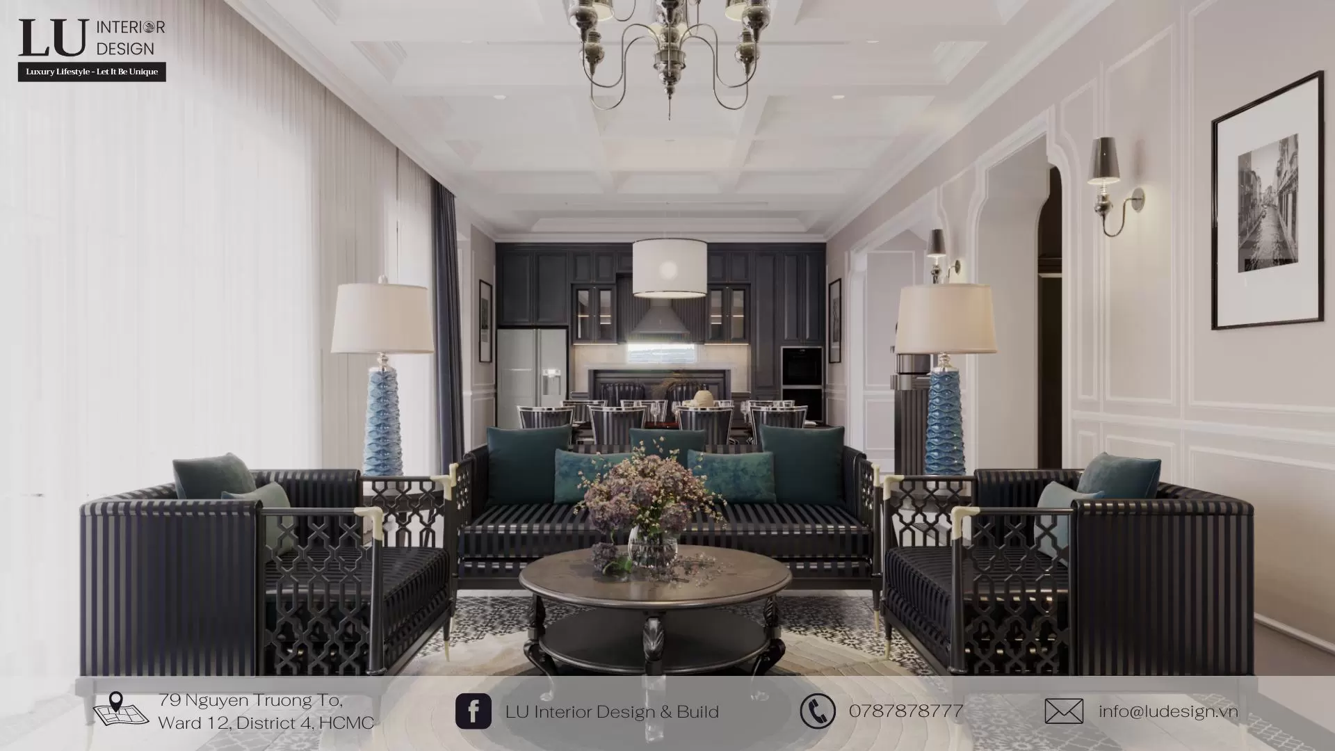 Bộ Sofa gỗ lớn với họa tiết kỷ hà là đặc điểm nhận diện của phòng khách biệt thự Indochine | Dự án Swan Bay Villa - LU Design.