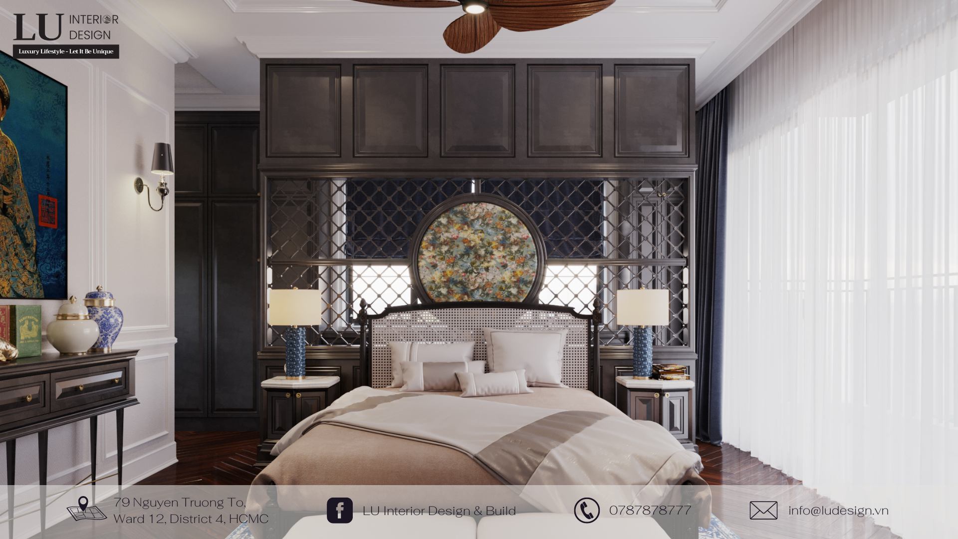 Phòng ngủ biệt thự phong cách Indochine với gam màu trắng - nâu chủ đạo mang lại cảm giác thư giãn, dễ chịu | Nguồn: Dự án Swan Bay Villa - LU Design.