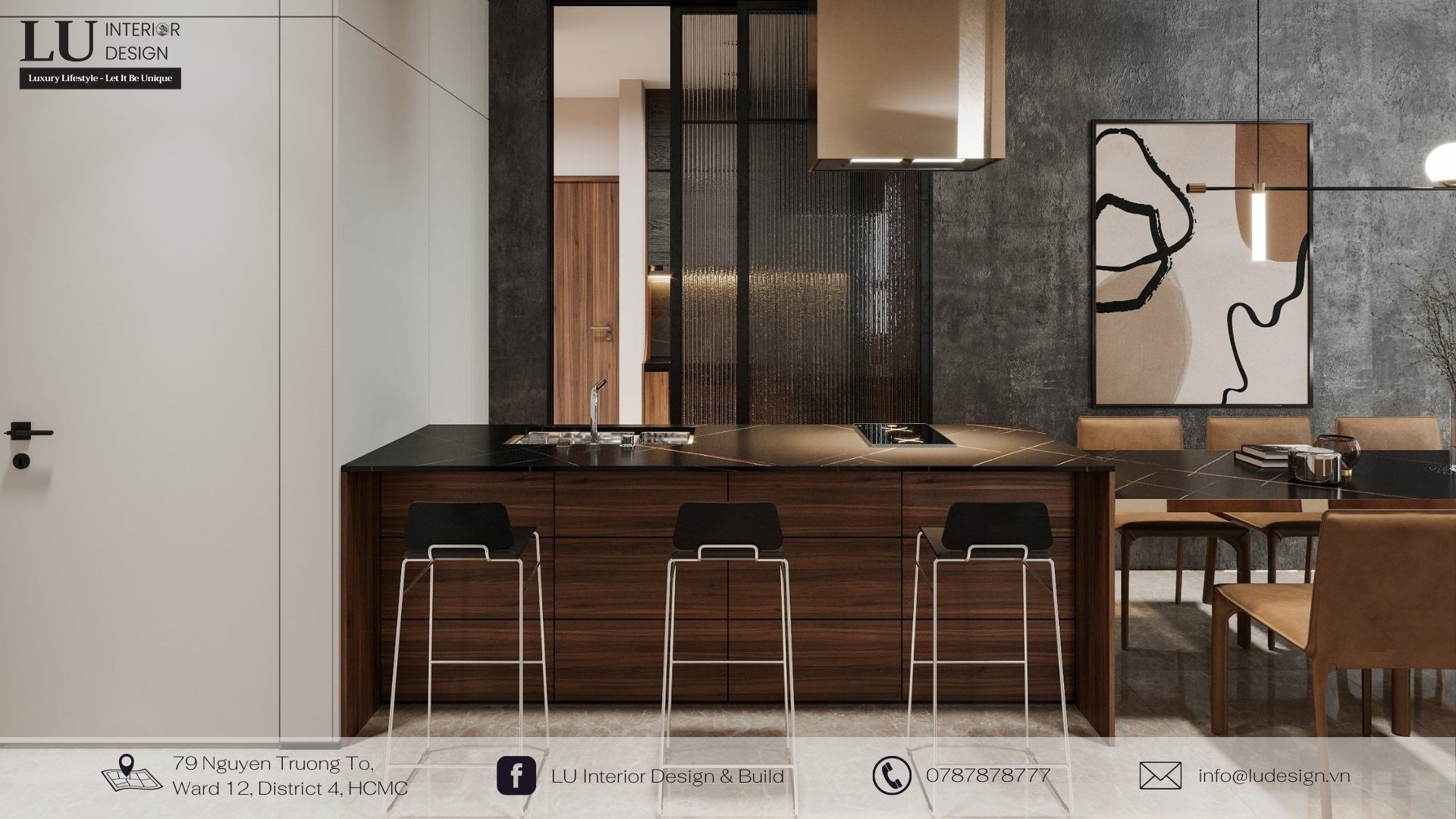 Bộ bàn ghế gỗ, tranh treo tường chính là điểm nhấn thu hút tăng vẻ đẹp cho không gian bếp | Dự án căn hộ Mar Q - LU Design.