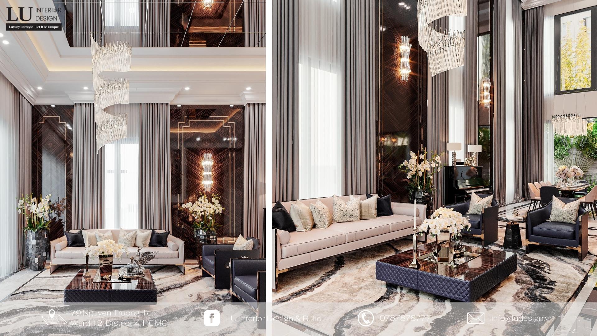Quy tắc thiết kế nội thất phòng khách theo phong thủy | Nguồn ảnh: Villa Tân Phú - LU Design.