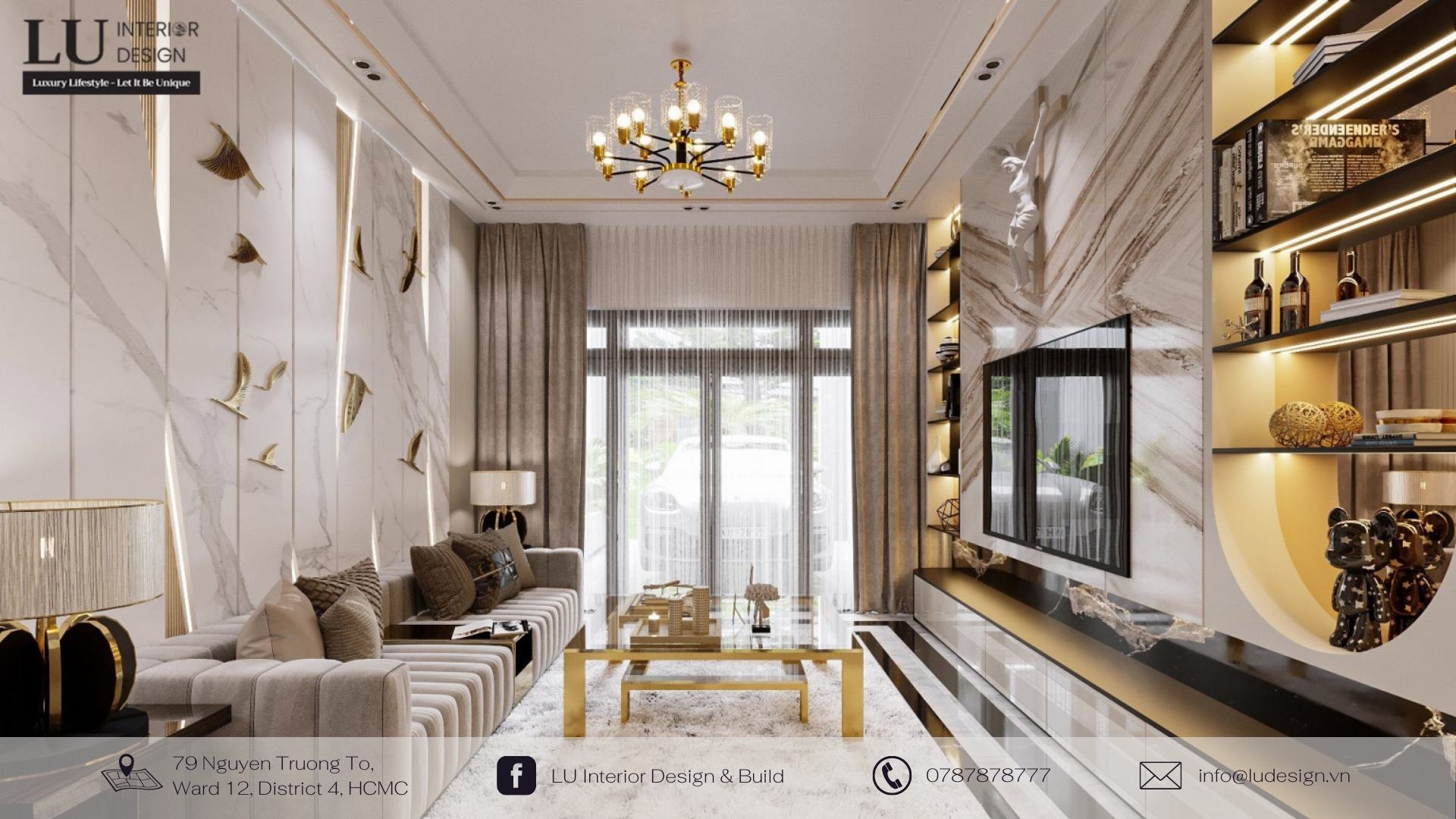 Phòng khách của gia chủ mệnh Kim được thiết kế theo phong cách Modern Classic với gam màu vàng kim, trắng sang trọng và đẳng cấp | Dự án nhà phố Tân Phú - LU Design.