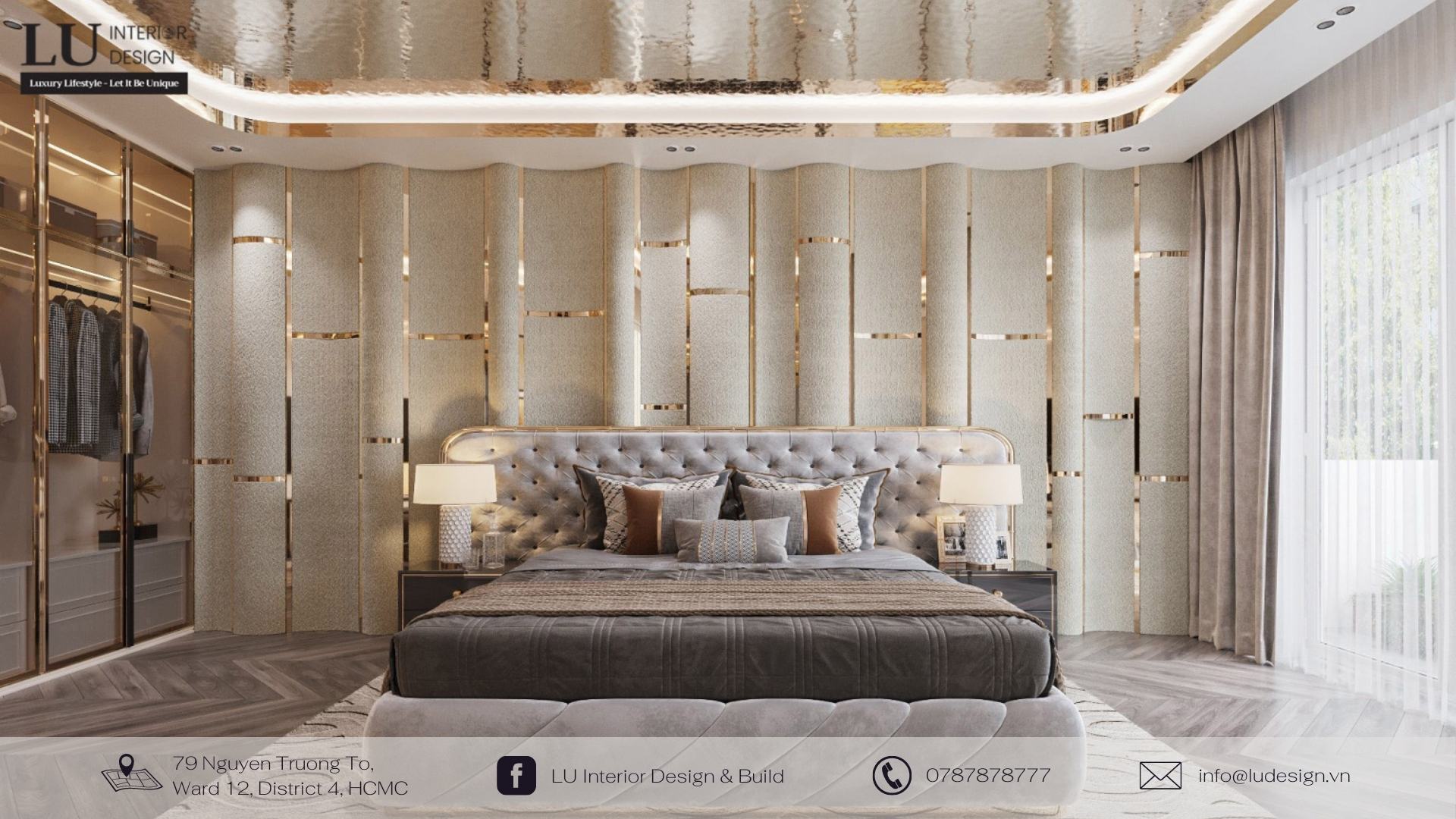 Phòng ngủ master được thiết kế ấn tượng với màu sắc xám - trắng - vàng, chất liệu êm ái mang lại giấc ngủ thoải mái cho gia chủ mệnh Kim | Dự án nhà phố Tân Phú - LU Design.